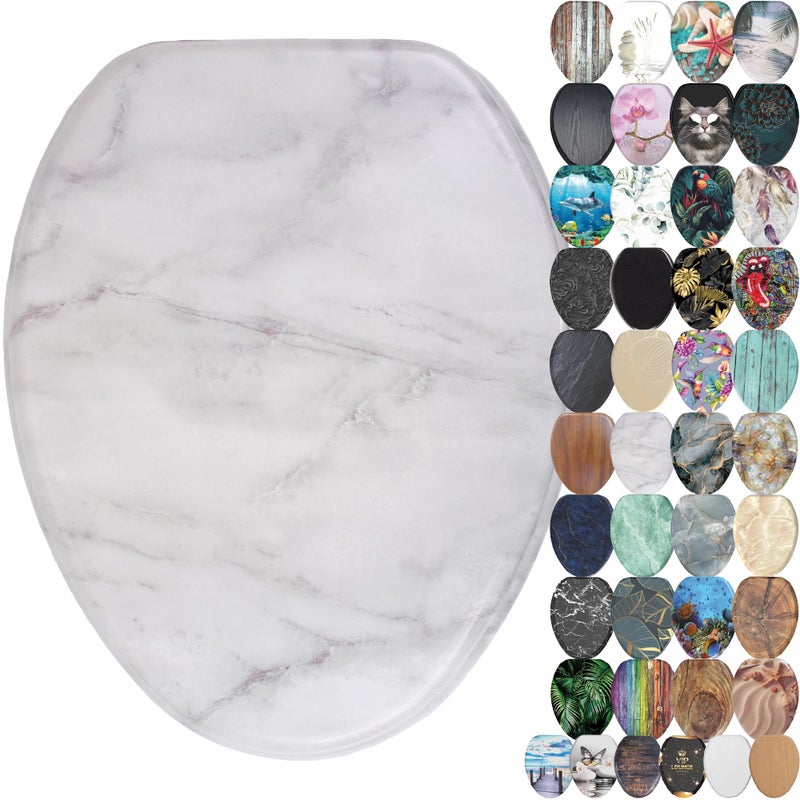 SANILO Wooden Toilet Seat with Soft Close [ELONGATED] - Decorative, Quiet & Slow Close Molded Wood Seat - With Strong Bumpers & Hinges - Adjustable Fit - Marble - Image 1